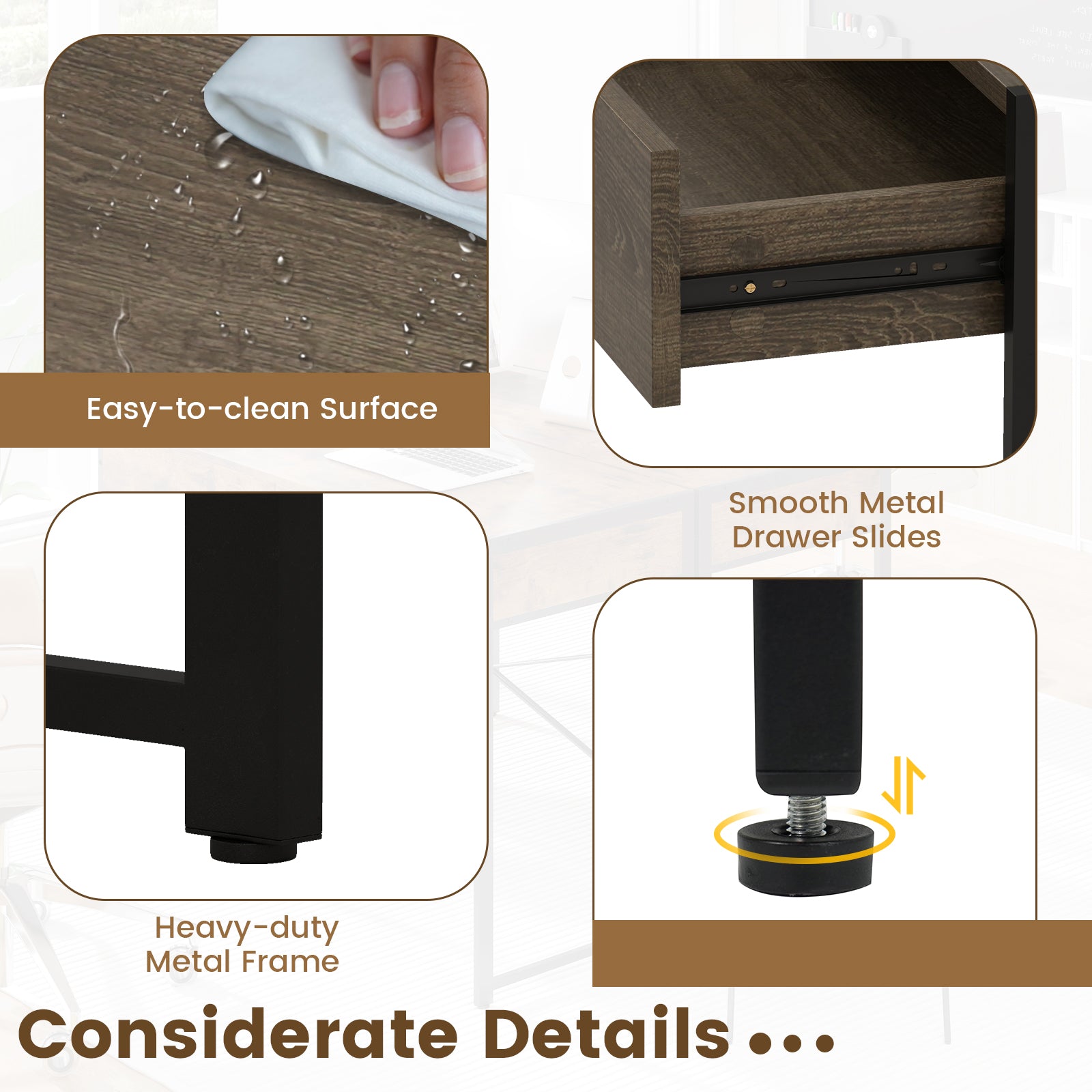 Computer Desk with 2 Drawers 44 Inch Home Office Desk with Metal Frame, Oak Computer Desks at Gallery Canada