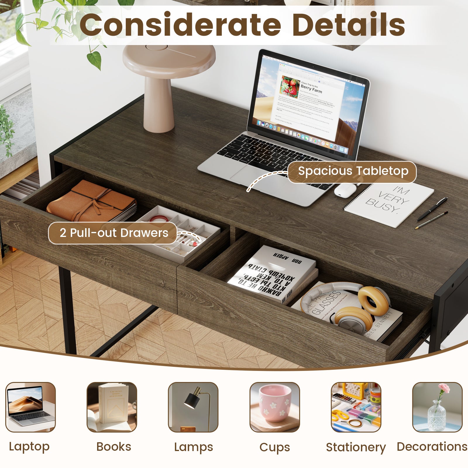 Computer Desk with 2 Drawers 44 Inch Home Office Desk with Metal Frame, Oak Computer Desks at Gallery Canada