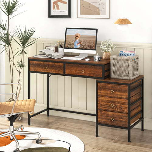 Computer Desk With 5 Drawers, Side File Cabinet, Brown