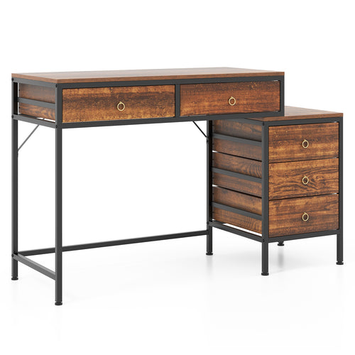 Computer Desk With 5 Drawers, Side File Cabinet, Brown