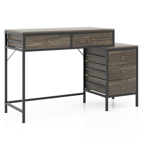 Computer Desk With 5 Drawers, Side File Cabinet, Gray