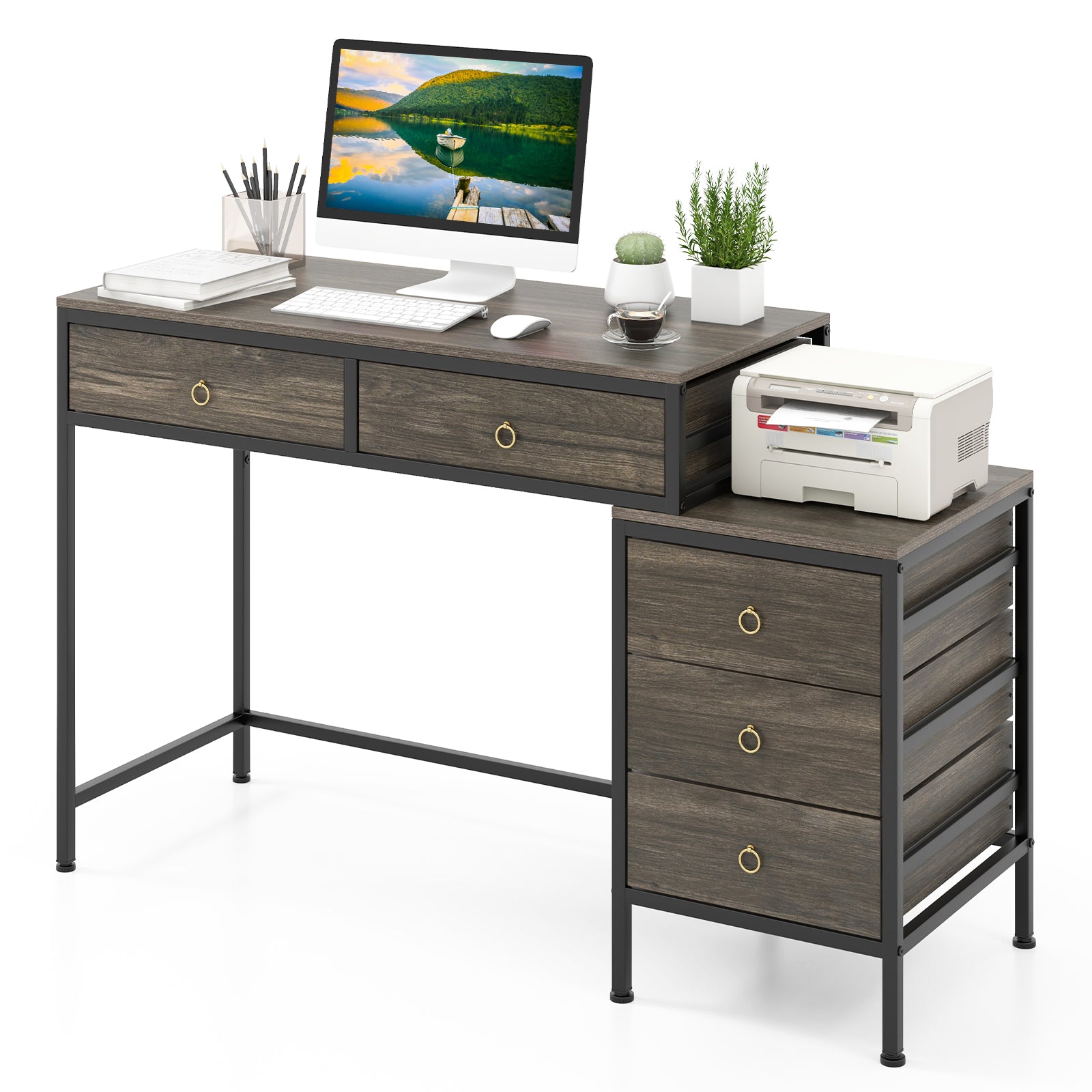Computer Desk With 5 Drawers, Side File Cabinet, Gray Computer Desks at Gallery Canada