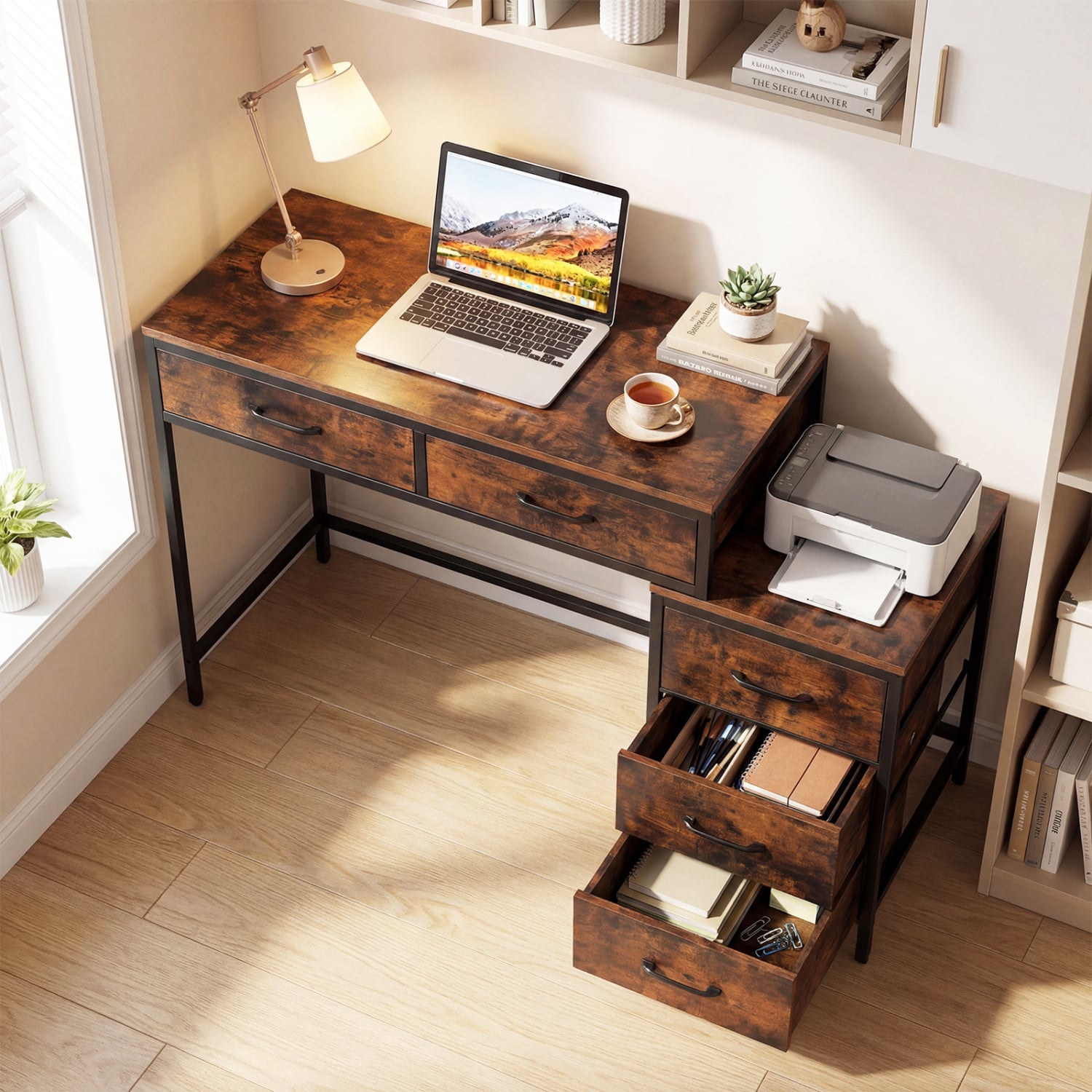 Computer Desk With 5 Drawers, Printer Stand, Brown Computer Desks at Gallery Canada