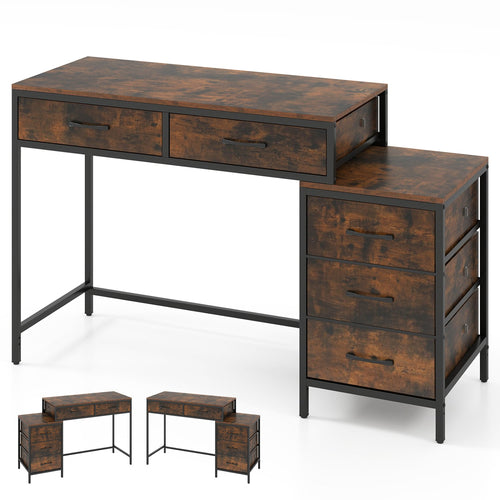Computer Desk With 5 Drawers, Printer Stand, Brown