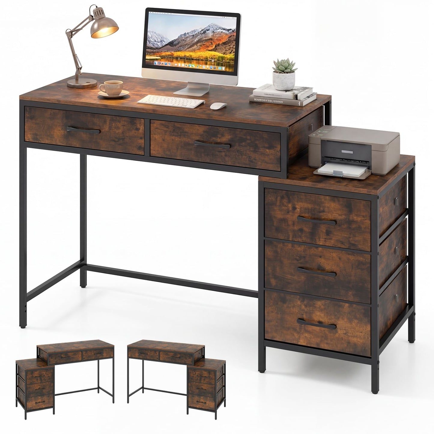 Computer Desk With 5 Drawers, Printer Stand, Brown Computer Desks at Gallery Canada