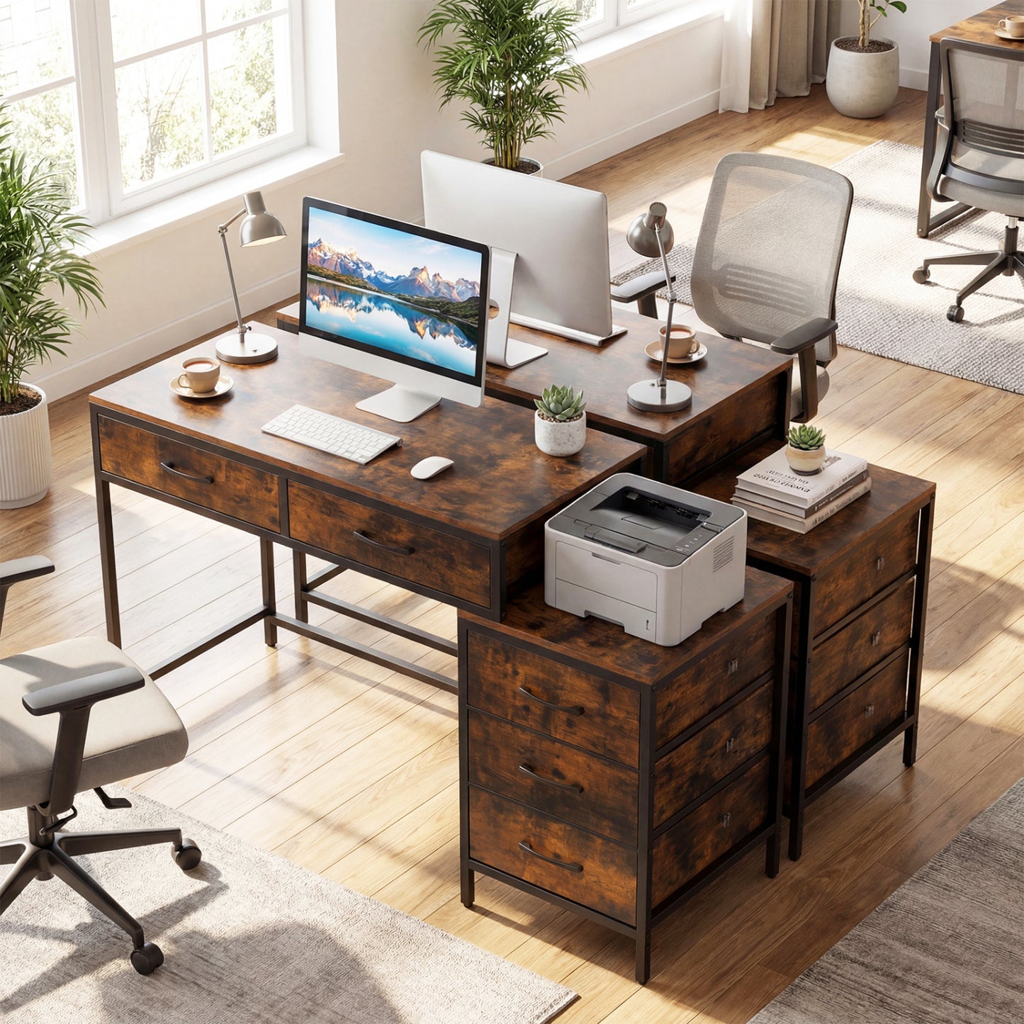 Computer Desk With 5 Drawers, Printer Stand, Brown Computer Desks at Gallery Canada