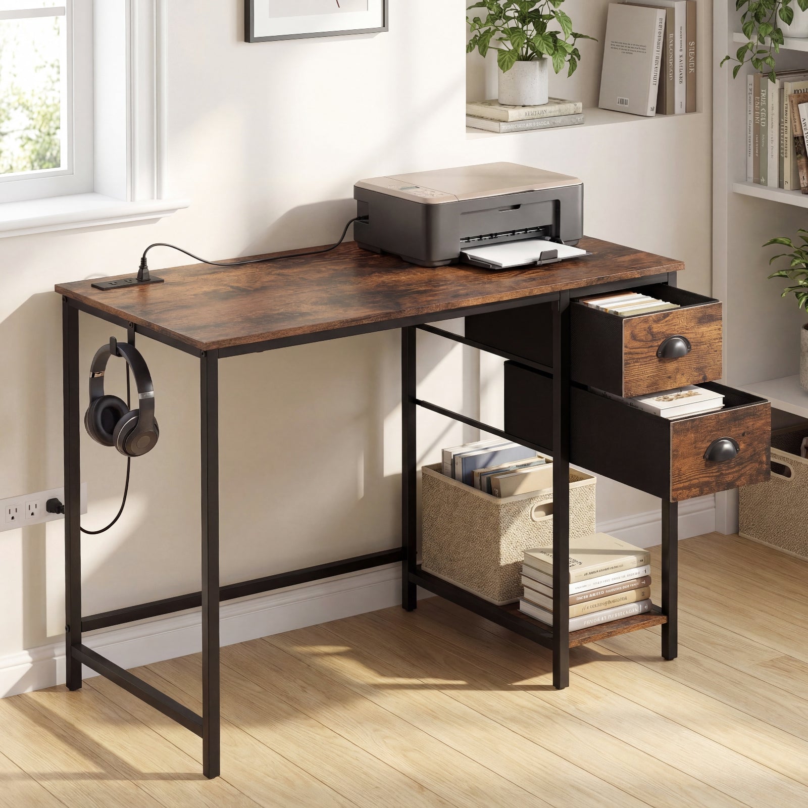 Computer Desk With Charging Station, 2 Fabric Drawers, Brown Computer Desks at Gallery Canada