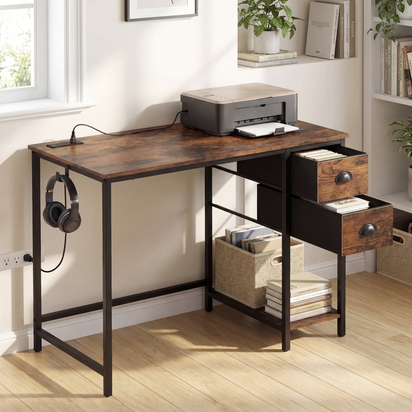 Computer Desk With Charging Station, 2 Fabric Drawers, Brown Computer Desks at Gallery Canada