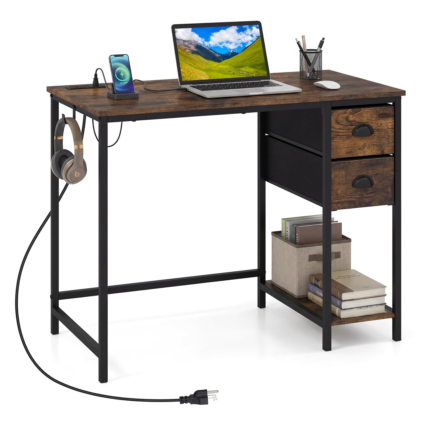 Computer Desk With Charging Station, 2 Fabric Drawers, Brown Computer Desks at Gallery Canada