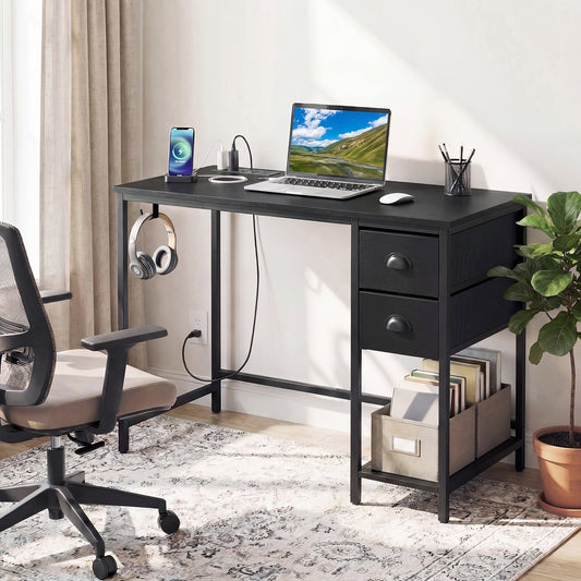 Computer Desk With Charging Station, 2 Fabric Drawers, Black Computer Desks Black at Gallery Canada