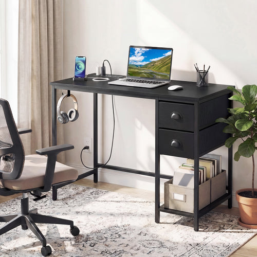 Computer Desk With Charging Station, 2 Fabric Drawers, Black