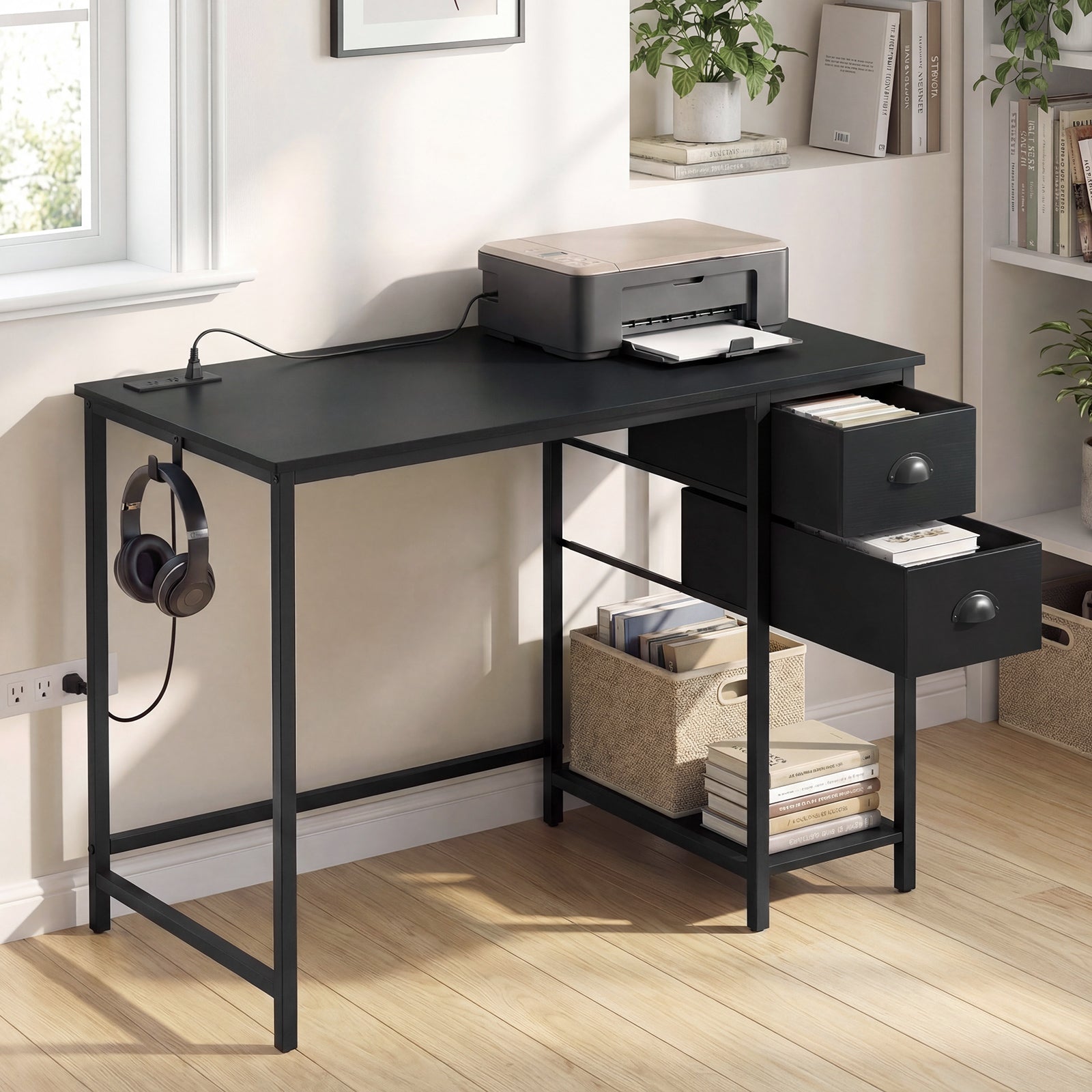 Computer Desk With Charging Station, 2 Fabric Drawers, Black Computer Desks at Gallery Canada