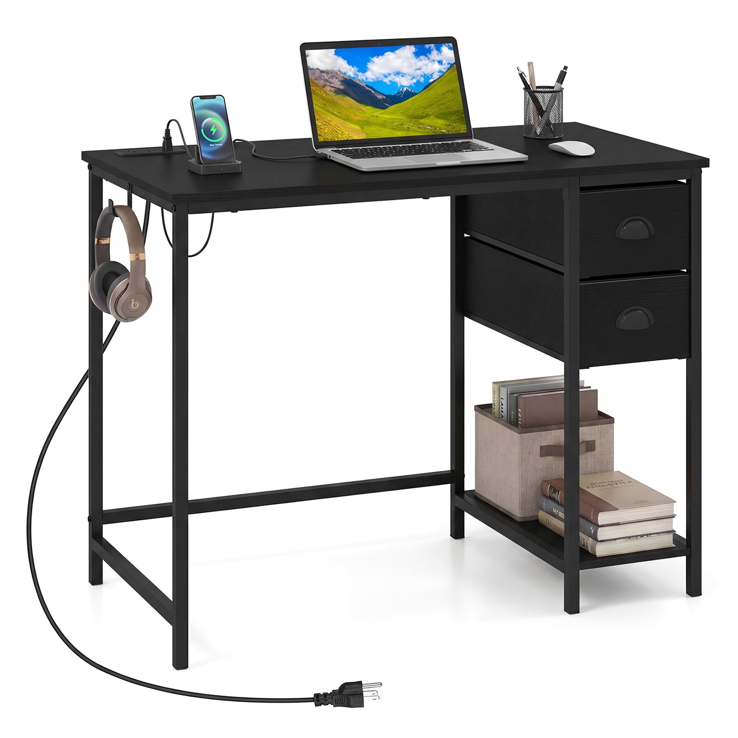Computer Desk With Charging Station, 2 Fabric Drawers, Black Computer Desks at Gallery Canada