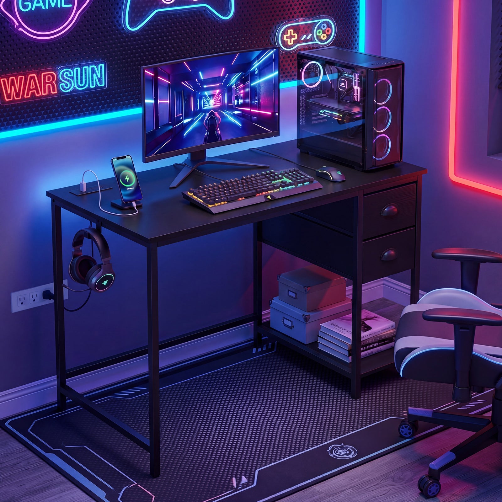 Computer Desk With Charging Station, 2 Fabric Drawers, Black Computer Desks at Gallery Canada
