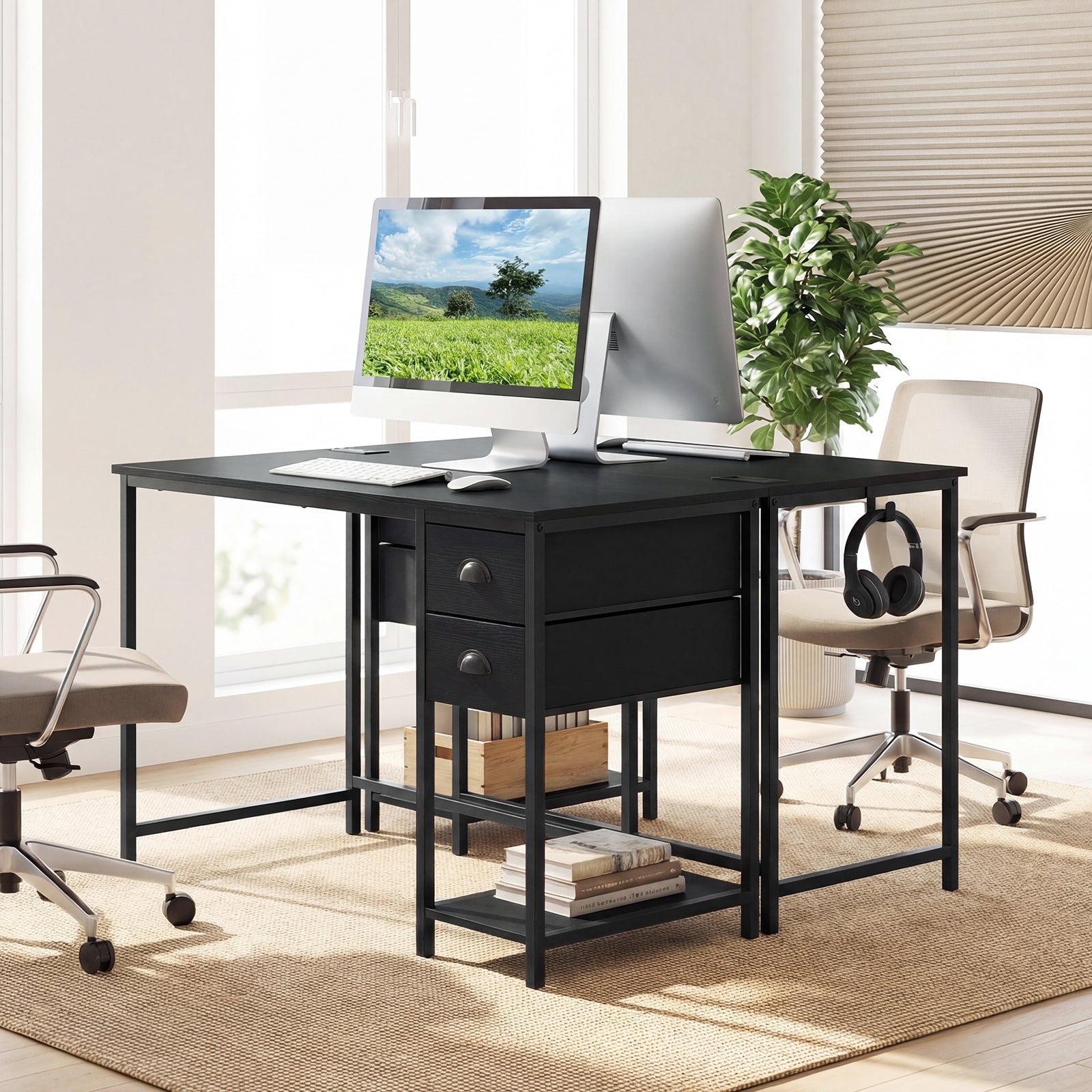 Computer Desk With Charging Station, 2 Fabric Drawers, Black Computer Desks at Gallery Canada