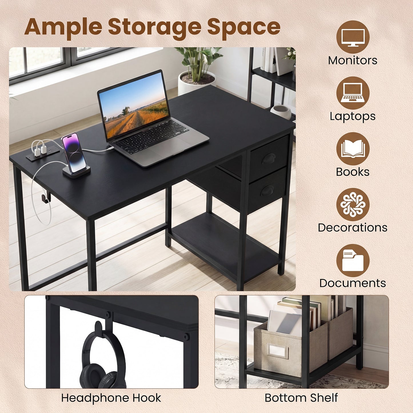 Computer Desk With Charging Station, 2 Fabric Drawers, Black Computer Desks at Gallery Canada