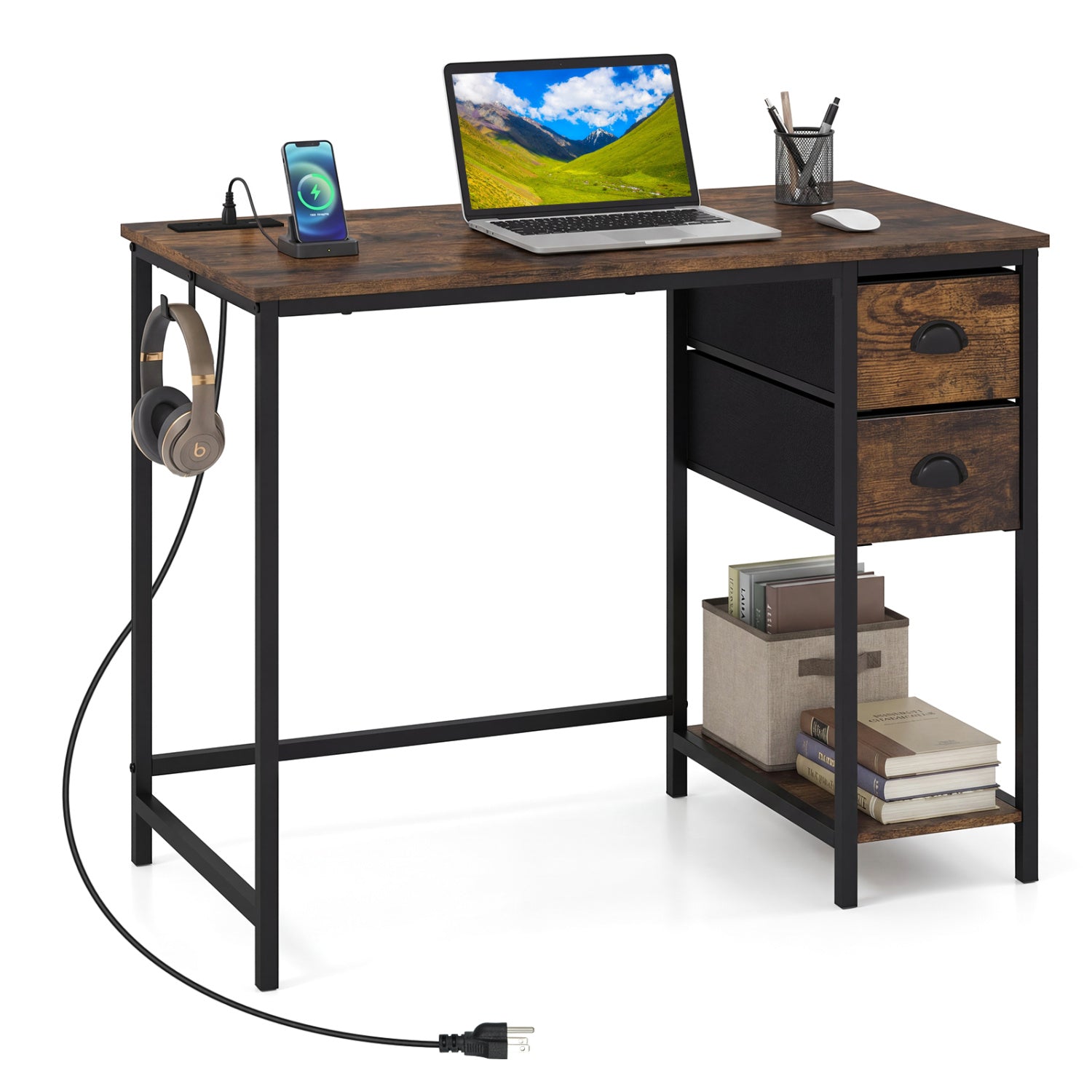 Computer Desk With Charging Station, 2 Fabric Drawers, Brown Computer Desks Rustic Brown at Gallery Canada