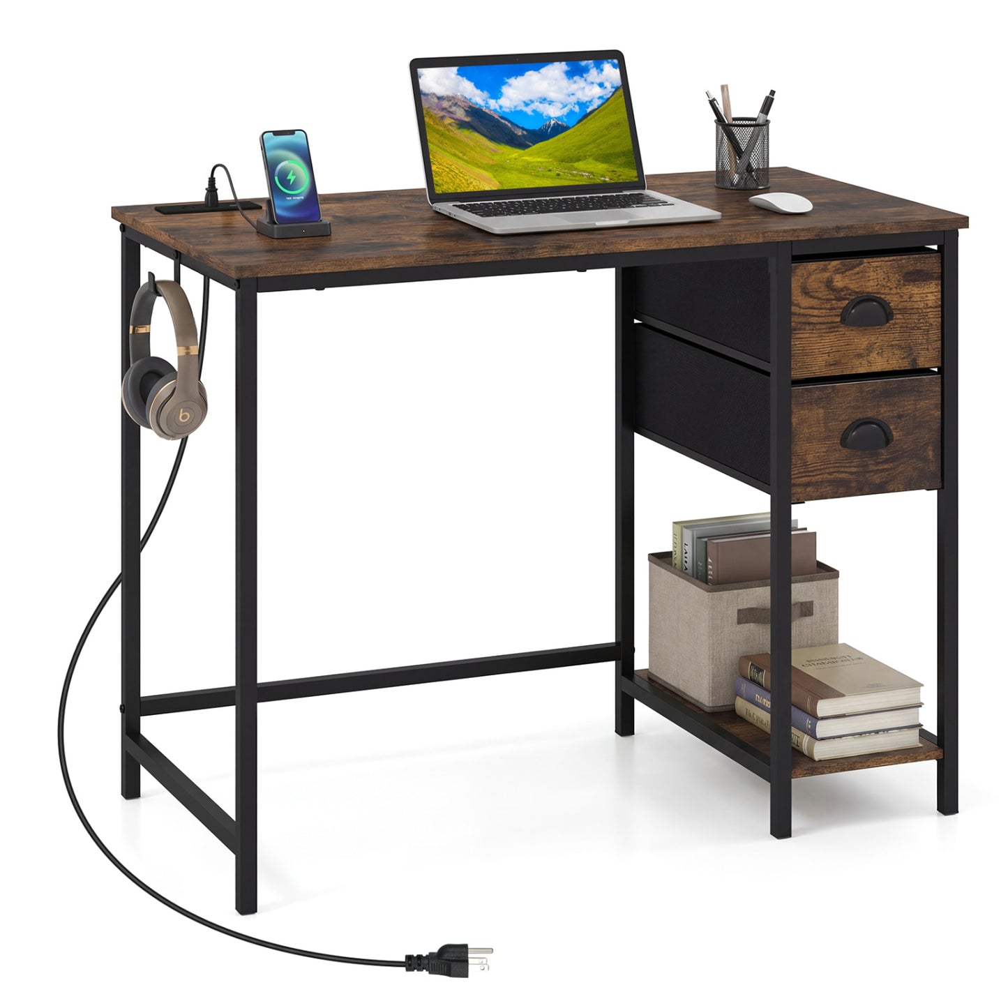 Computer Desk With Charging Station, 2 Fabric Drawers, Brown Computer Desks Rustic Brown at Gallery Canada
