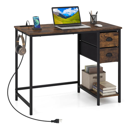 Computer Desk With Charging Station, 2 Fabric Drawers, Brown