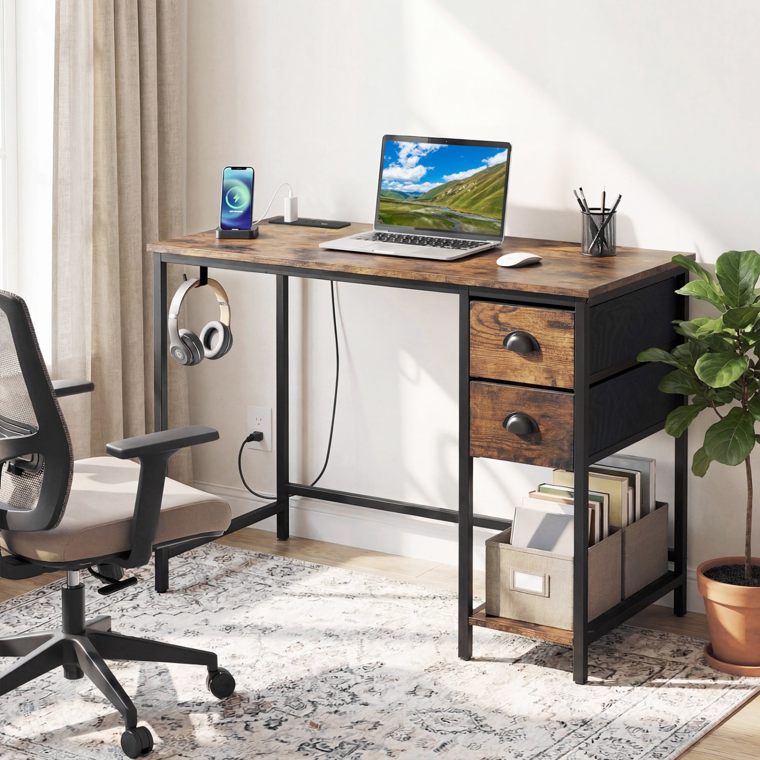 Computer Desk With Charging Station, 2 Fabric Drawers, Brown Computer Desks at Gallery Canada