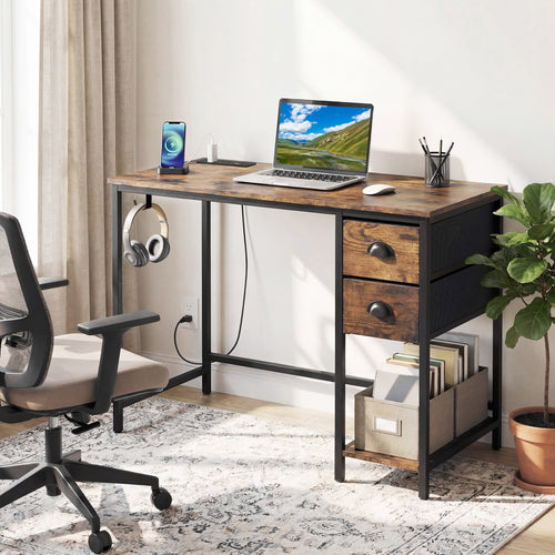 Computer Desk With Charging Station, 2 Fabric Drawers, Brown