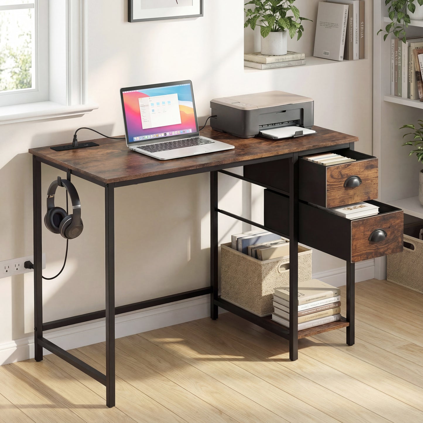 Computer Desk With Charging Station, 2 Fabric Drawers, Brown Computer Desks at Gallery Canada