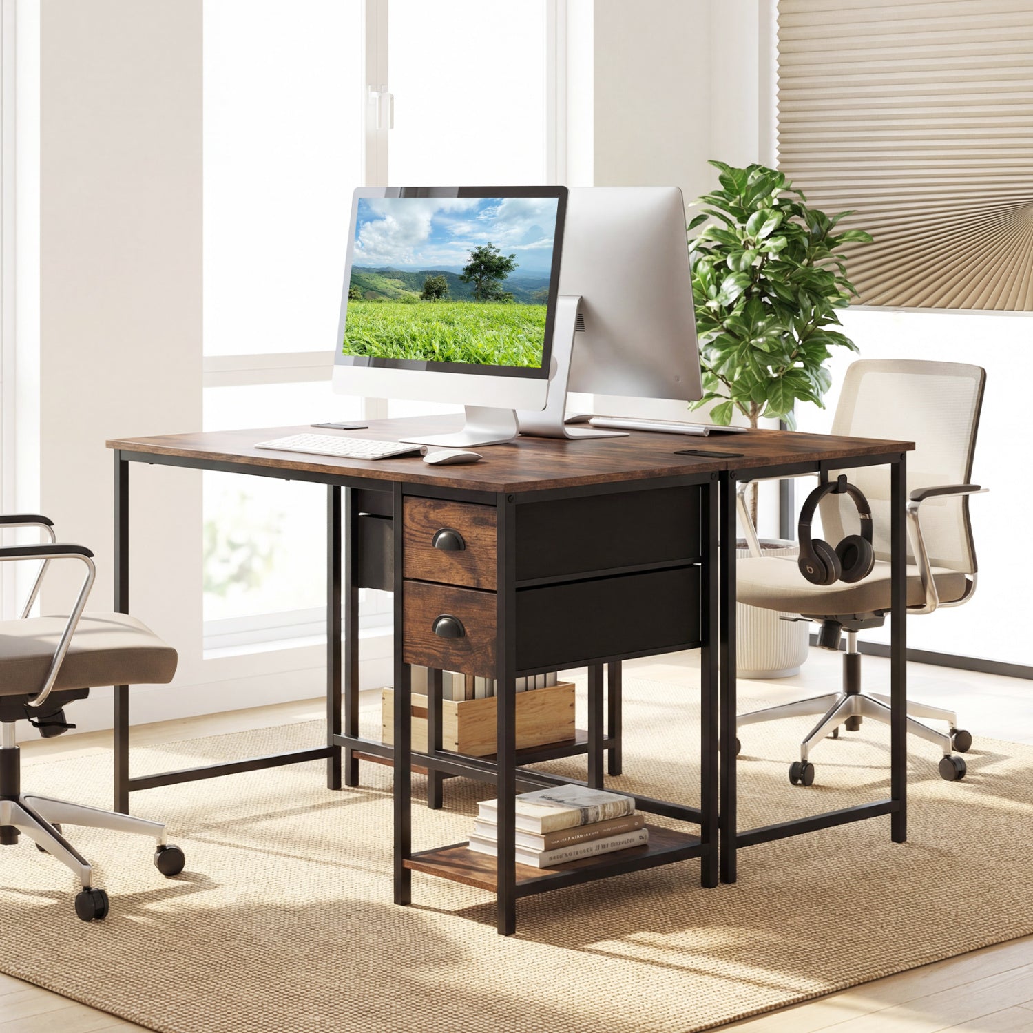 Computer Desk With Charging Station, 2 Fabric Drawers, Brown Computer Desks at Gallery Canada
