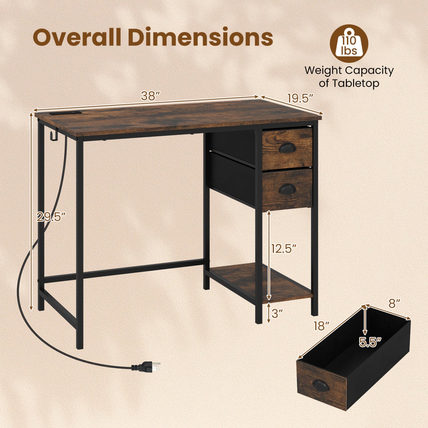 Computer Desk With Charging Station, 2 Fabric Drawers, Brown Computer Desks at Gallery Canada