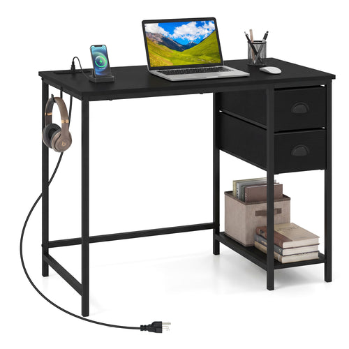 Computer Desk With Charging Station, 2 Fabric Drawers, Black