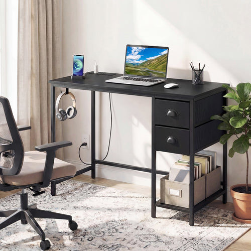 Computer Desk With Charging Station, 2 Fabric Drawers, Black
