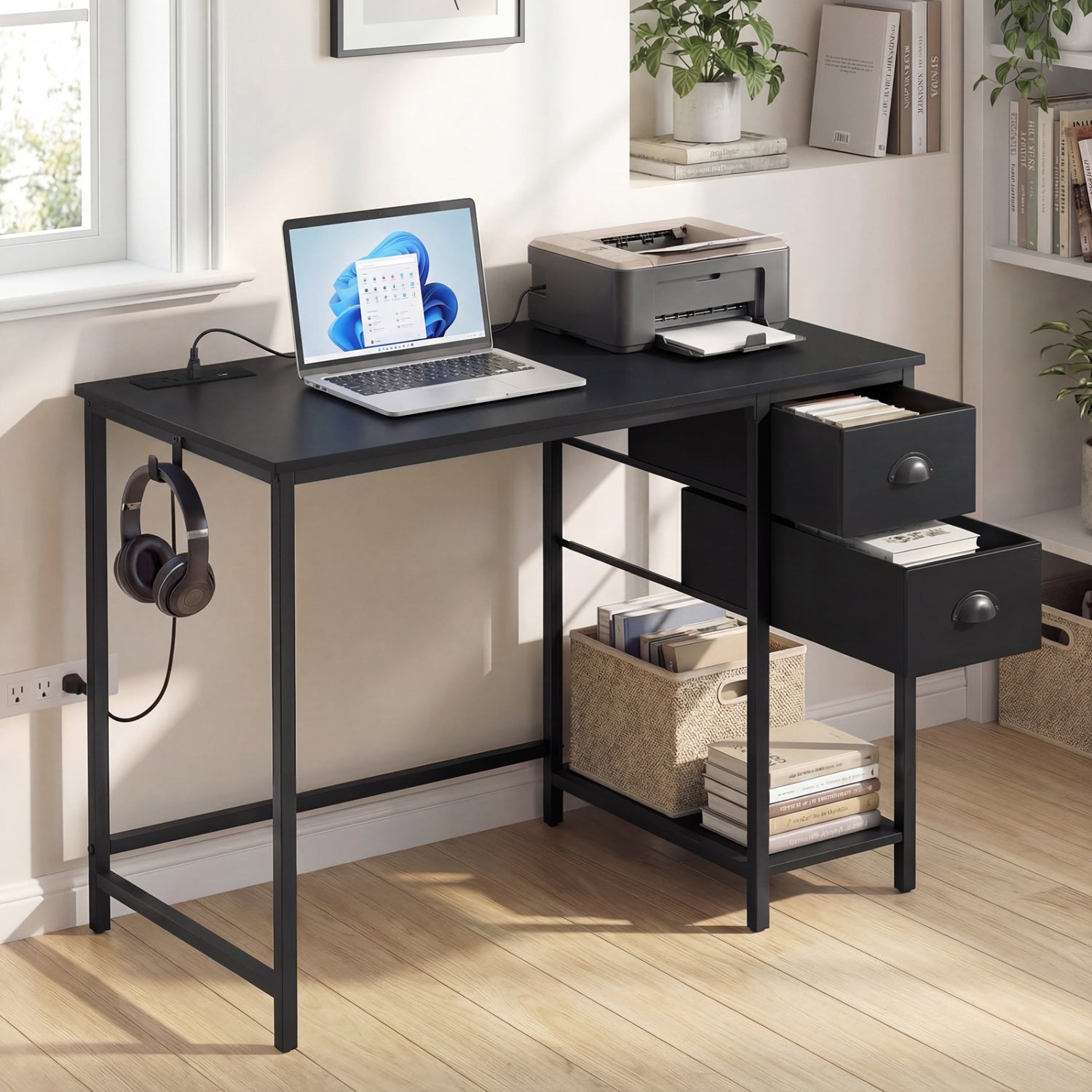Computer Desk With Charging Station, 2 Fabric Drawers, Black Computer Desks at Gallery Canada
