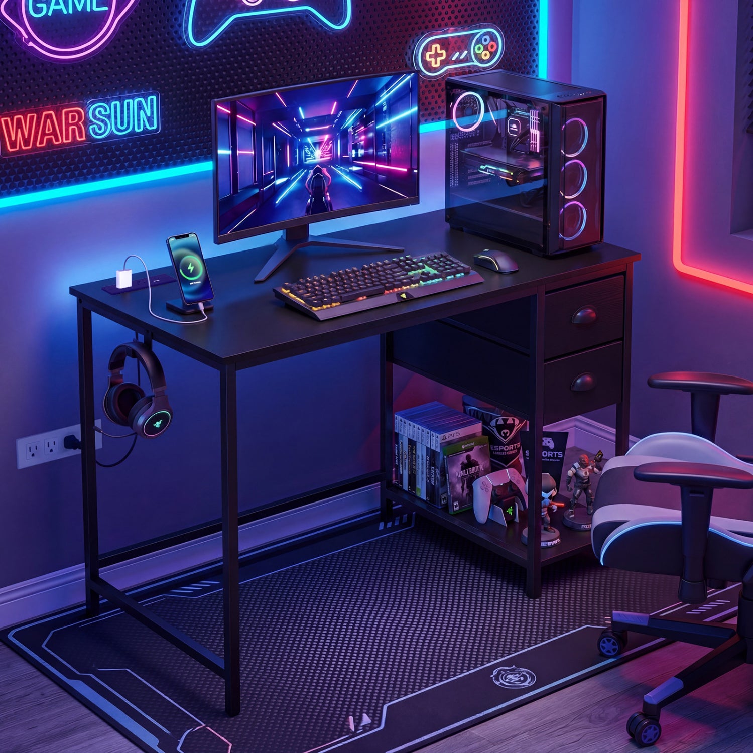 Computer Desk With Charging Station, 2 Fabric Drawers, Black Computer Desks at Gallery Canada
