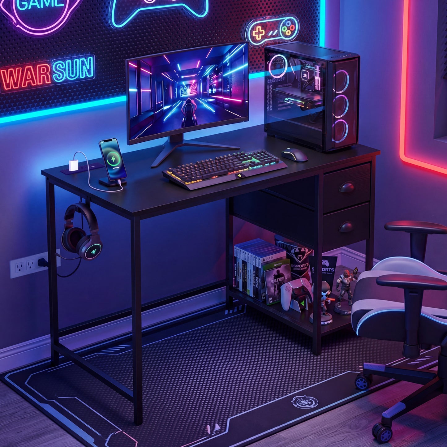 Computer Desk With Charging Station, 2 Fabric Drawers, Black Computer Desks at Gallery Canada