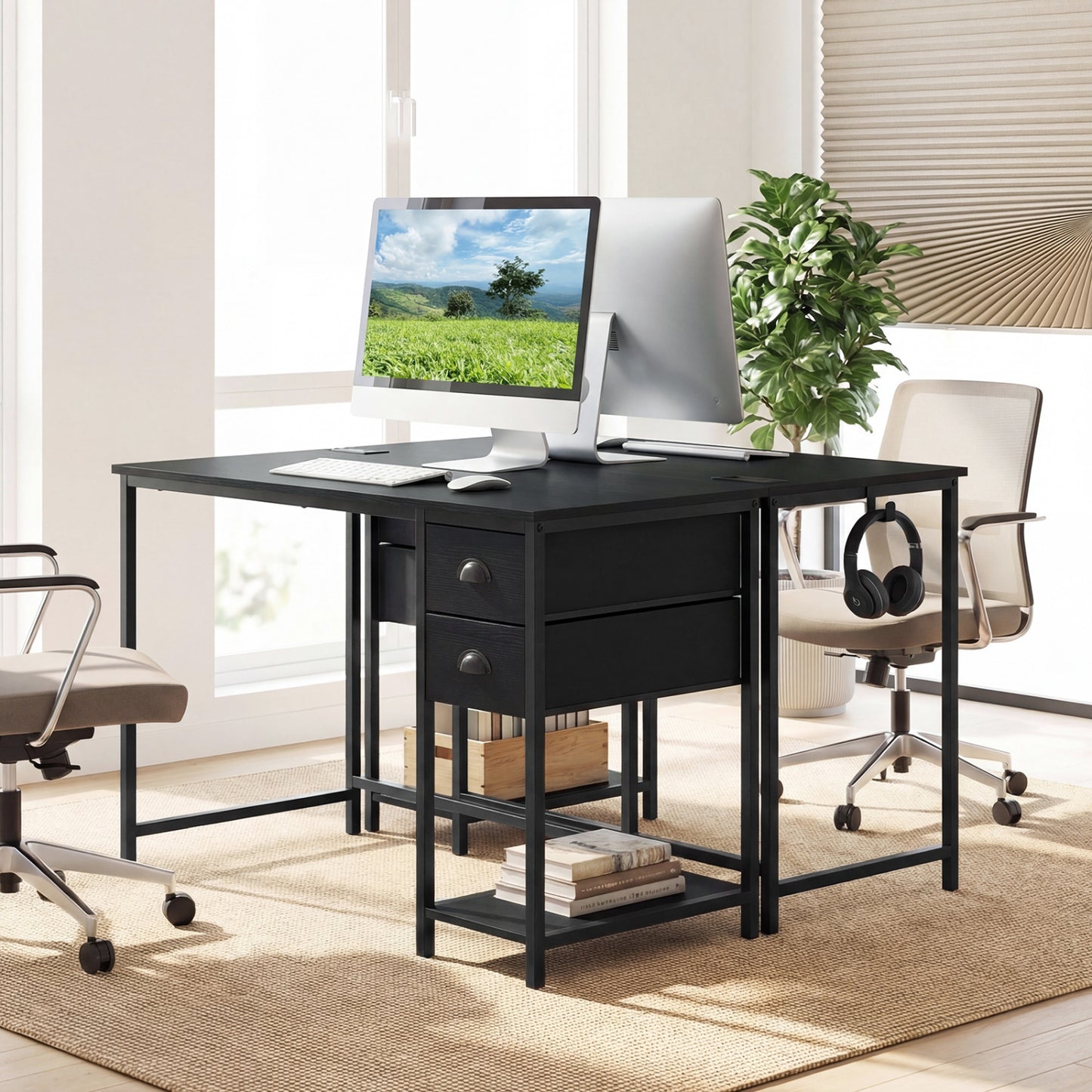Computer Desk With Charging Station, 2 Fabric Drawers, Black Computer Desks at Gallery Canada