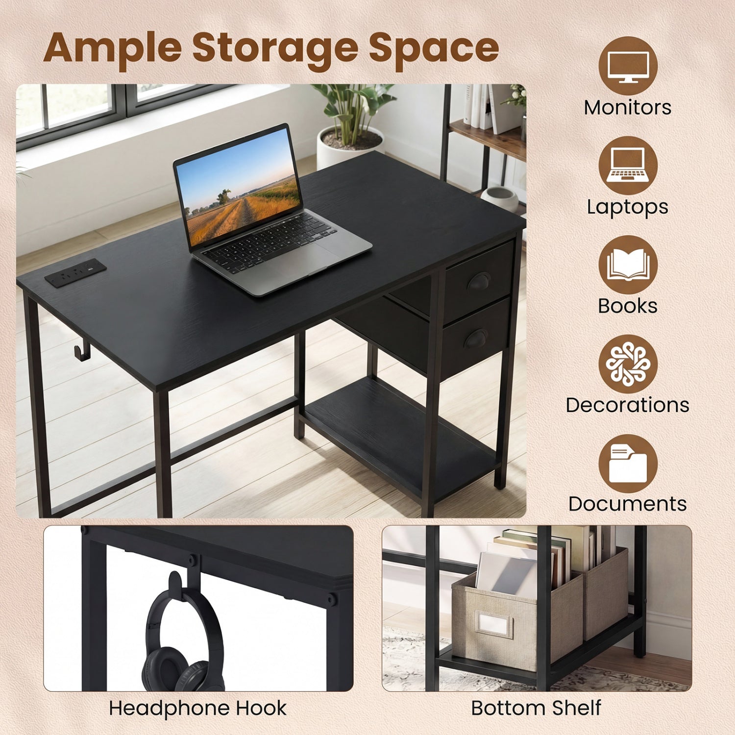 Computer Desk With Charging Station, 2 Fabric Drawers, Black Computer Desks at Gallery Canada