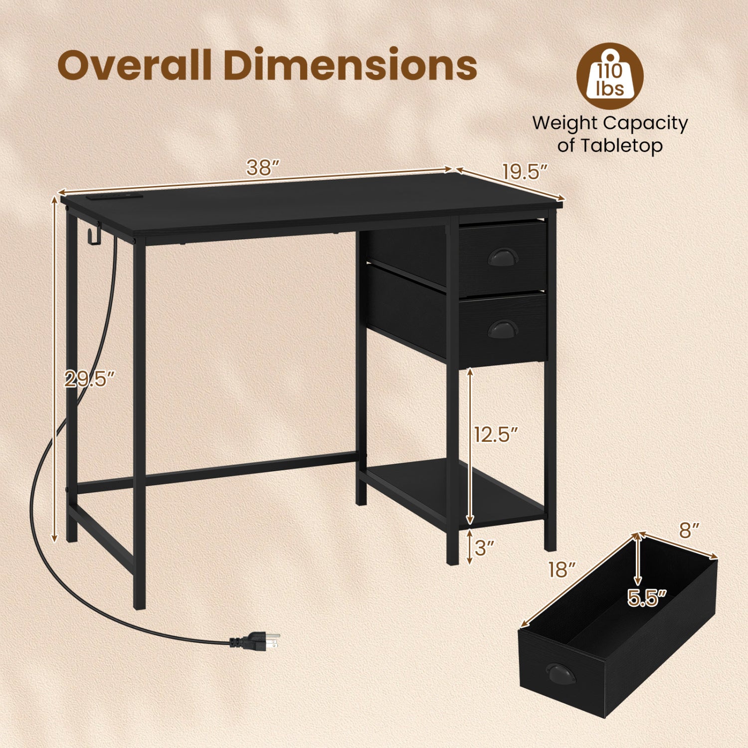 Computer Desk With Charging Station, 2 Fabric Drawers, Black Computer Desks at Gallery Canada