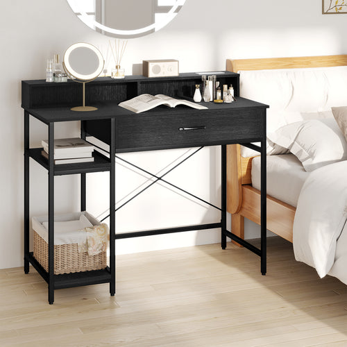 Computer Desk with Power Outlets 42inch Writing Desk with Hutch Drawer and 2 Open Shelves, Black