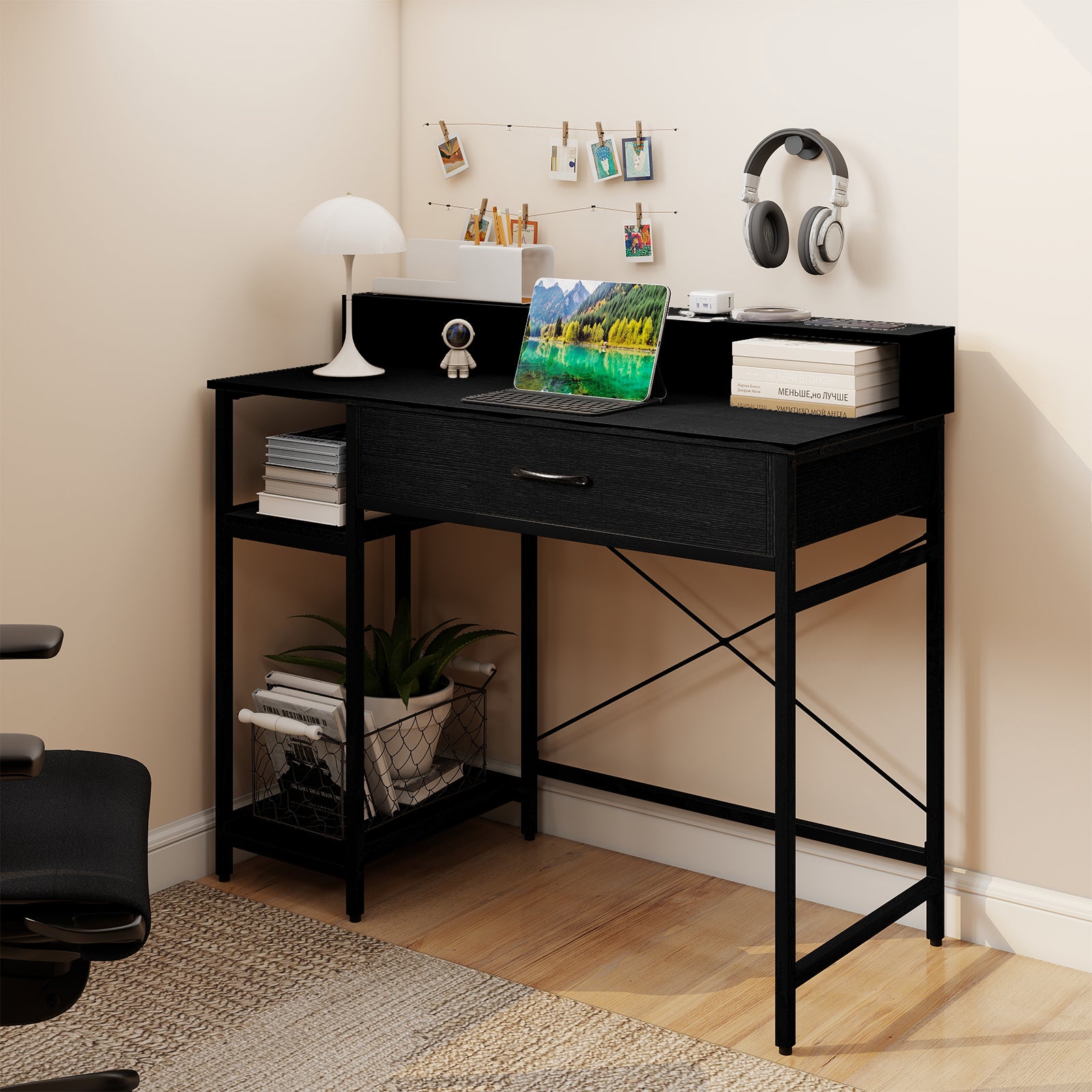 Computer Desk with Power Outlets 42inch Writing Desk with Hutch Drawer and 2 Open Shelves, Black Computer Desks at Gallery Canada