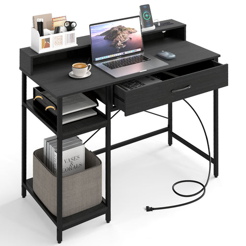 Computer Desk with Power Outlets 42inch Writing Desk with Hutch Drawer and 2 Open Shelves, Black