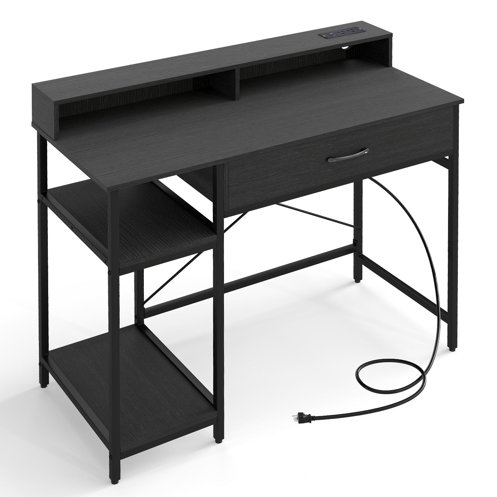 Computer Desk with Power Outlets 42inch Writing Desk with Hutch Drawer and 2 Open Shelves, Black Computer Desks at Gallery Canada