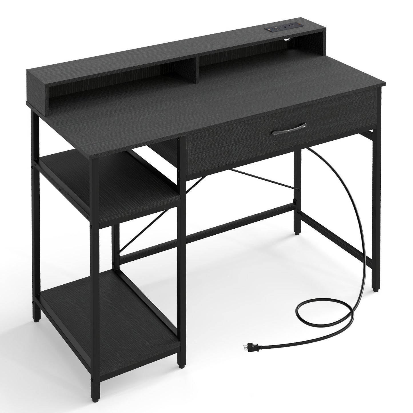 Computer Desk with Power Outlets 42inch Writing Desk with Hutch Drawer and 2 Open Shelves, Black Computer Desks at Gallery Canada