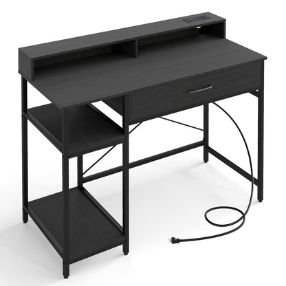Computer Desk with Power Outlets 42inch Writing Desk with Hutch Drawer and 2 Open Shelves, Black Computer Desks at Gallery Canada