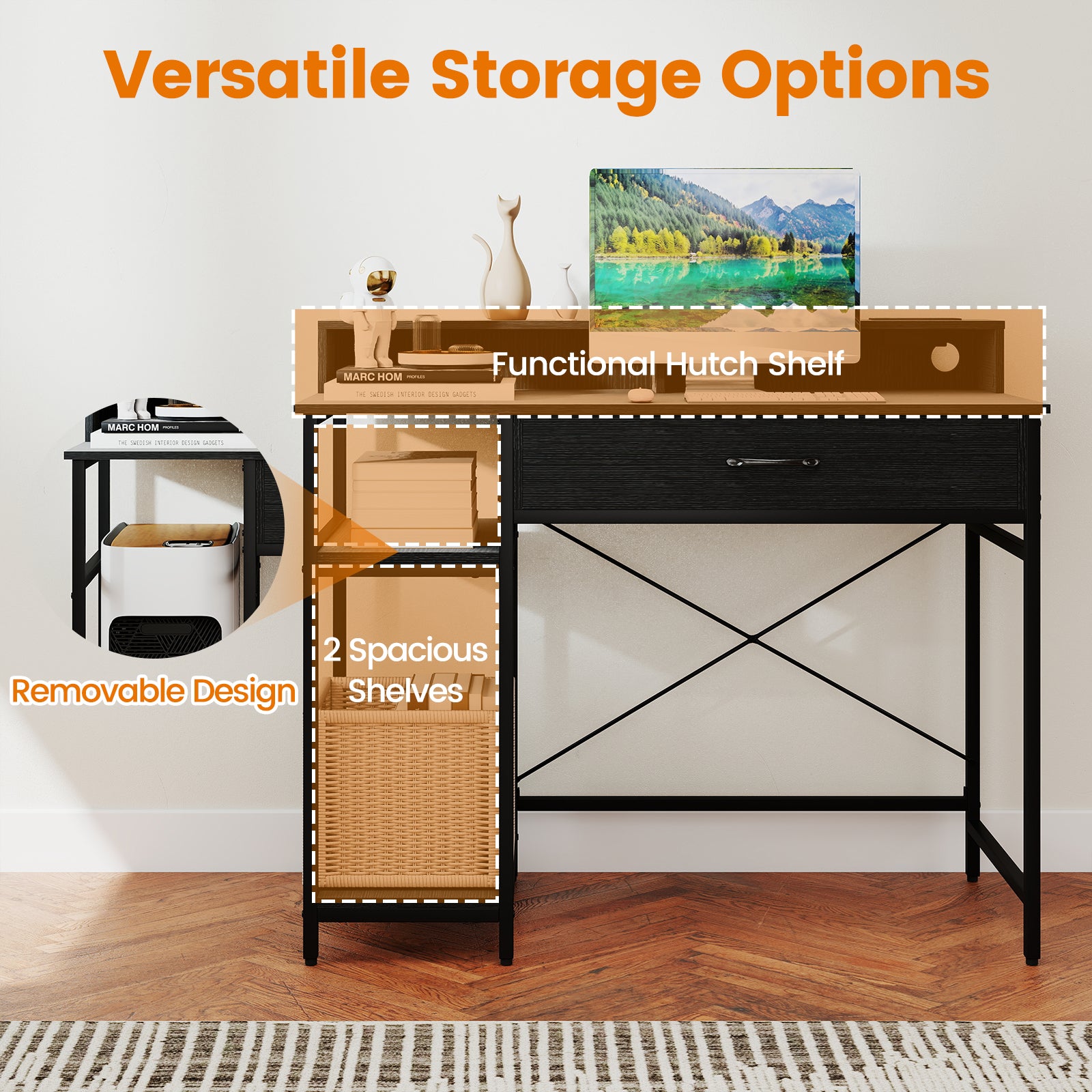 Computer Desk with Power Outlets 42inch Writing Desk with Hutch Drawer and 2 Open Shelves, Black Computer Desks at Gallery Canada