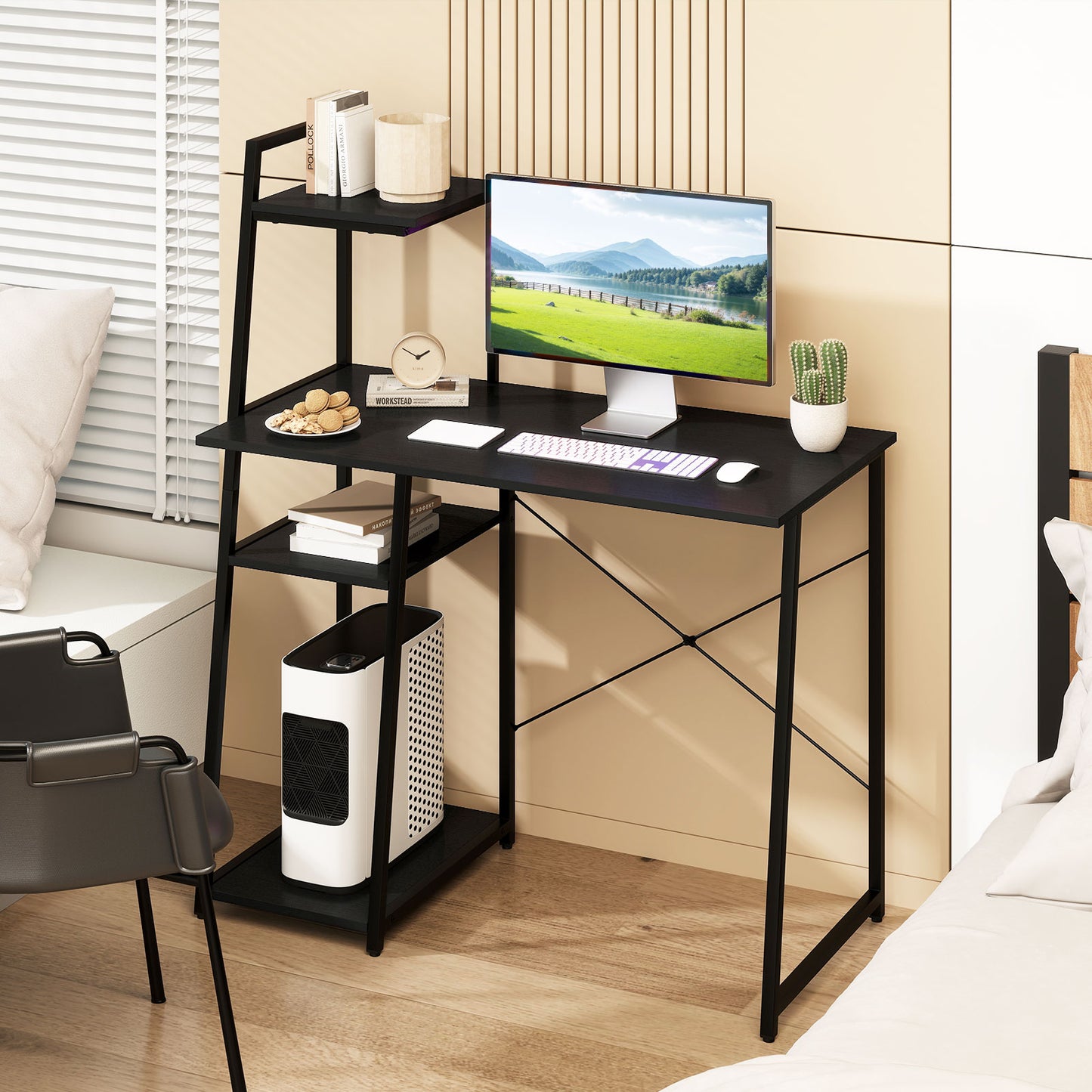 Computer Desk with Shelves and 3-Tier Storage Bookshelf, Black Writing Desks at Gallery Canada