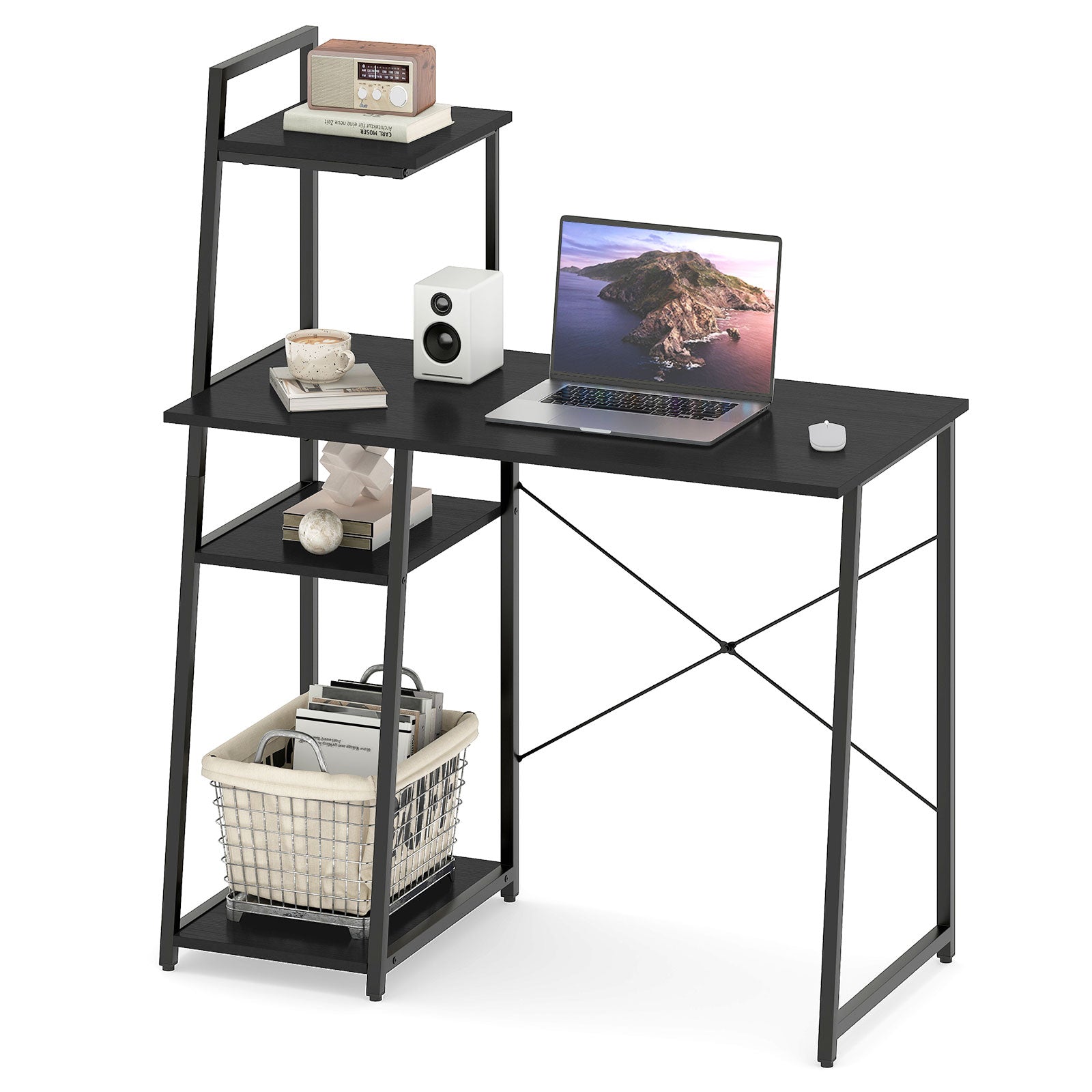 Computer Desk with Shelves and 3-Tier Storage Bookshelf, Black Writing Desks at Gallery Canada
