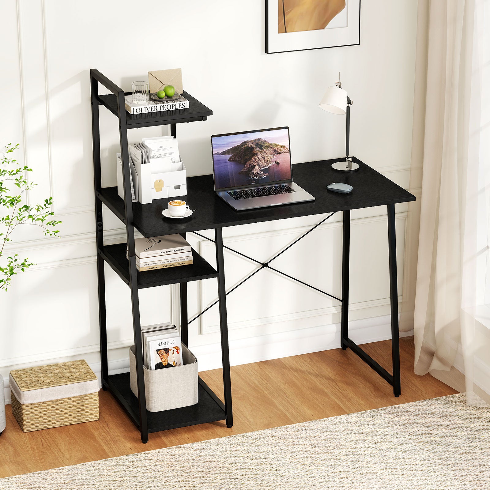 Computer Desk with Shelves and 3-Tier Storage Bookshelf, Black Writing Desks at Gallery Canada