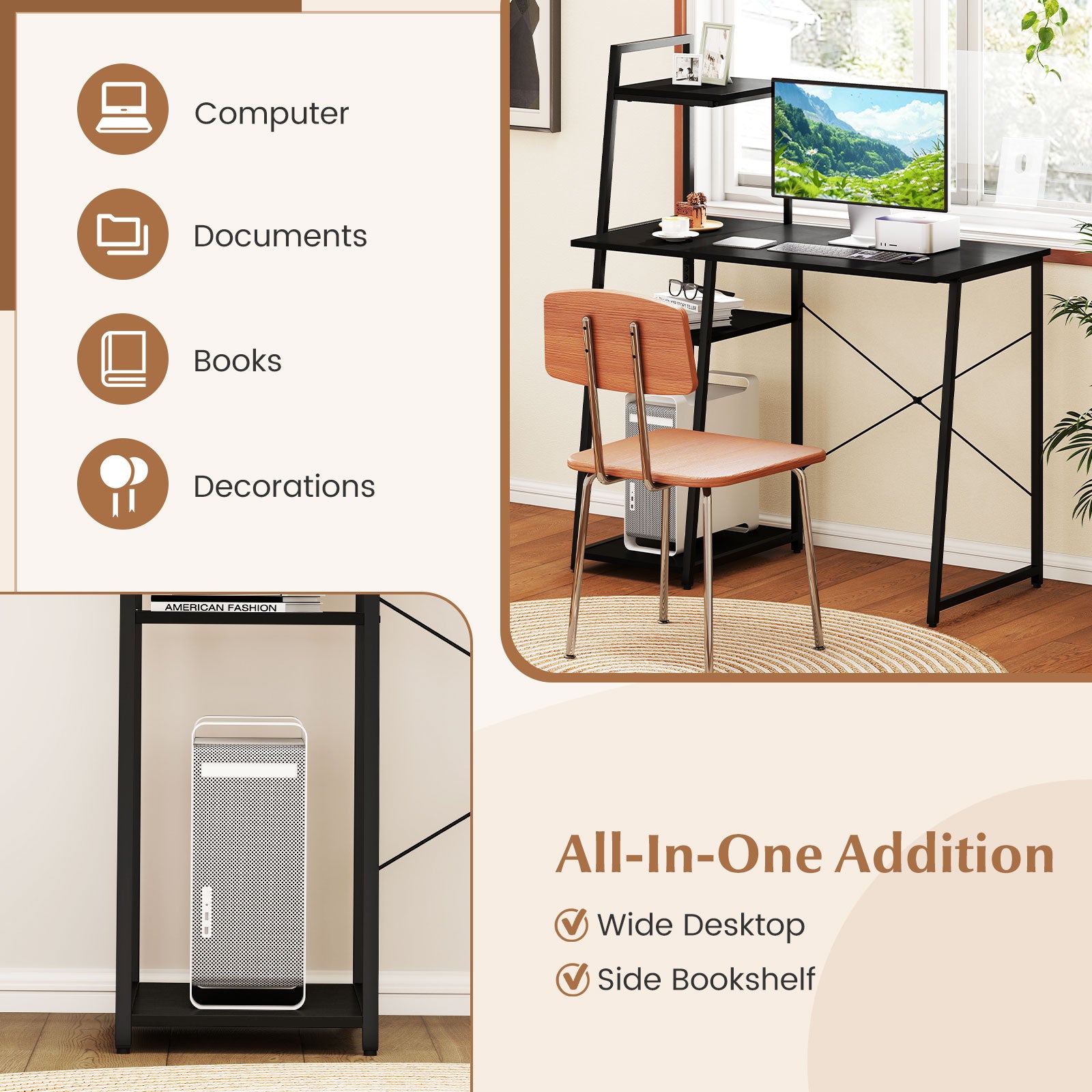 Computer Desk with Shelves and 3-Tier Storage Bookshelf, Black Writing Desks at Gallery Canada