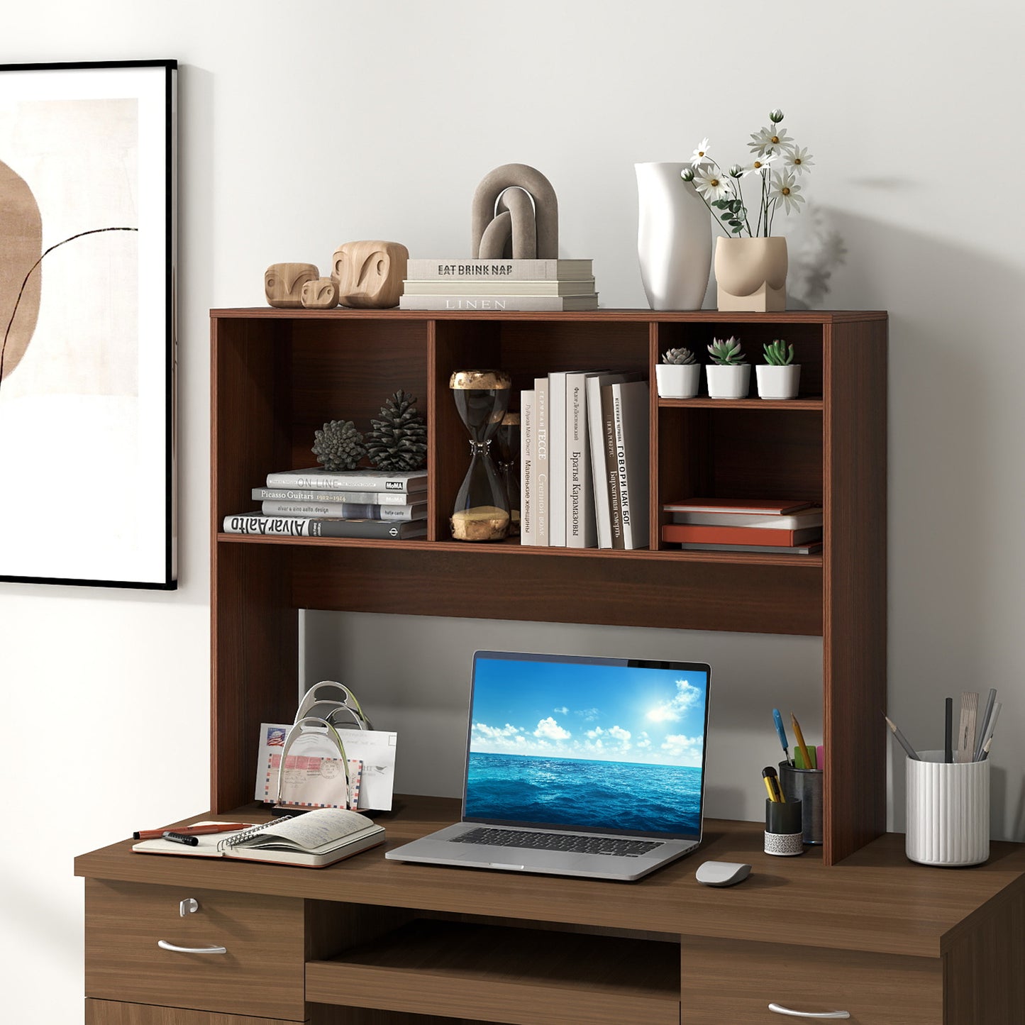 Computer Desktop Bookcase with 4 Cubbies and Open Back Compartment-HT, Walnut Bookcases at Gallery Canada