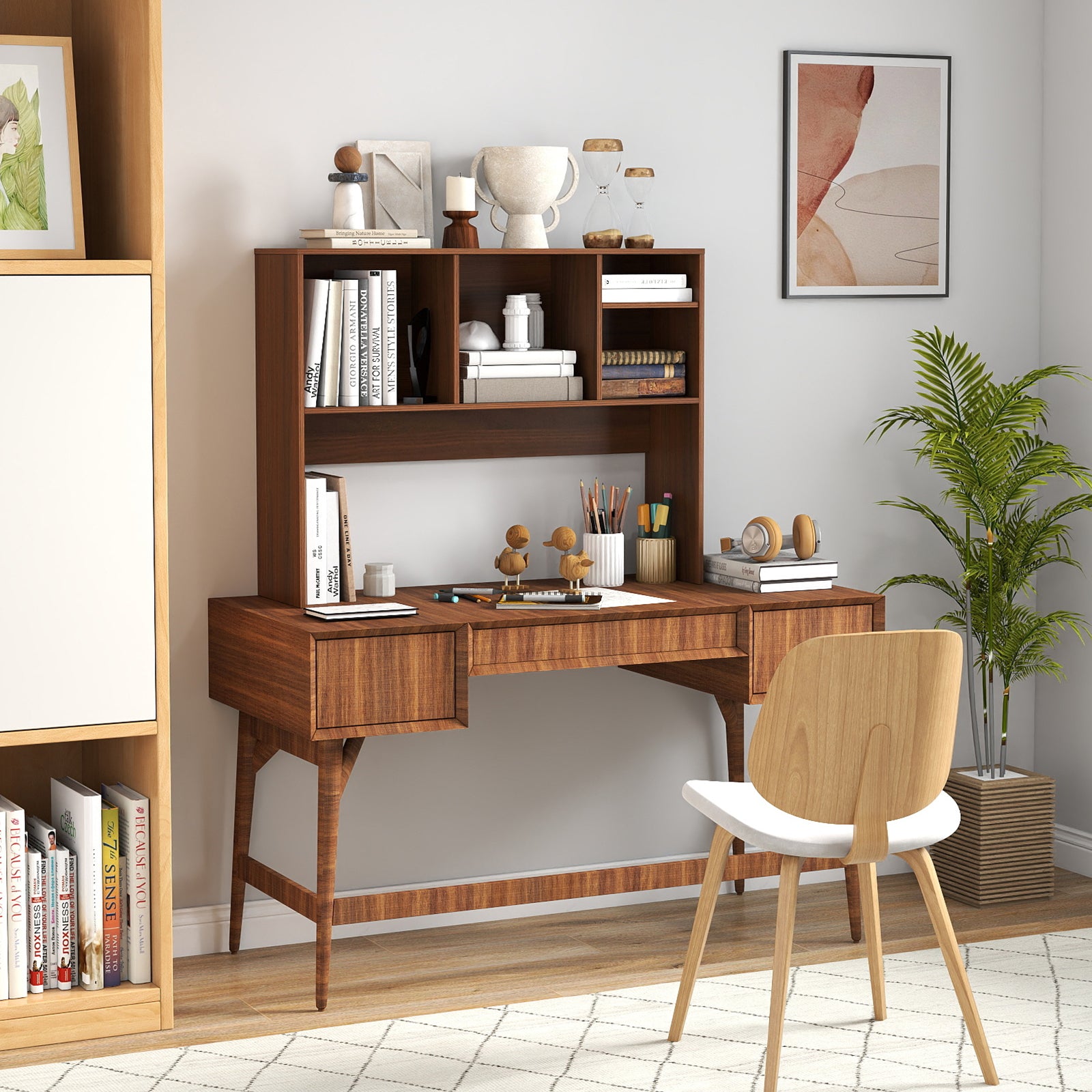 Computer Desktop Bookcase with 4 Cubbies and Open Back Compartment-HT, Walnut Bookcases at Gallery Canada