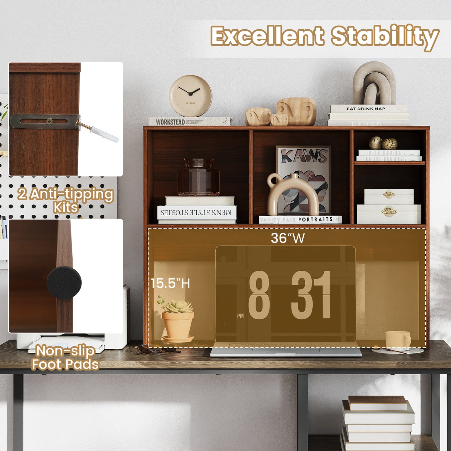 Computer Desktop Bookcase with 4 Cubbies and Open Back Compartment-HT, Walnut Bookcases at Gallery Canada